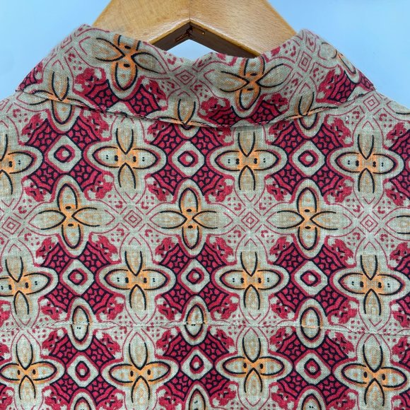 Vintage Mens AXIST Linen Hawaiian Shirt / Brown Red & Orange Wood Block Design L - Picture 6 of 7